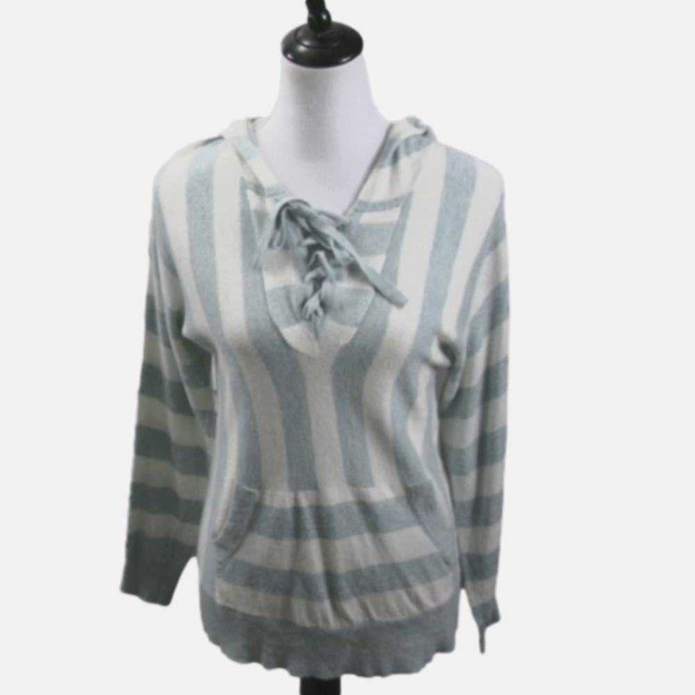 HEM & Thread Light Blue/White Stripe Lace-up Neckline Sweater Size Small